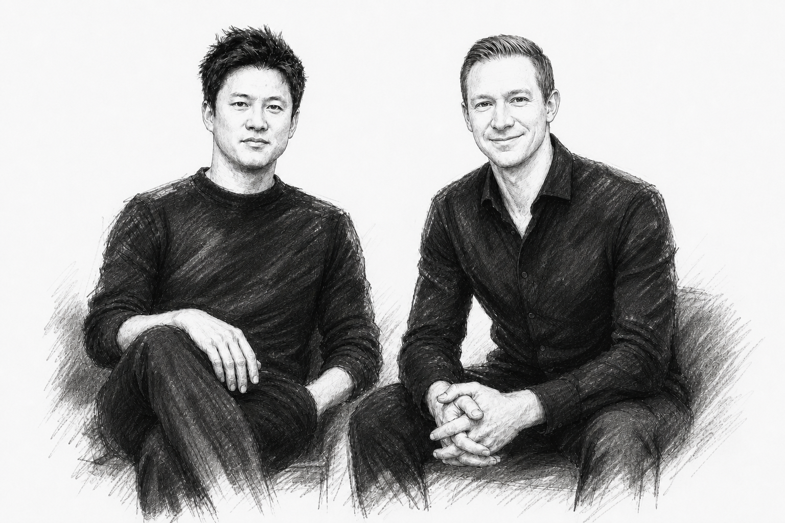 A black-and-white drawn portrait of Nexus co-founders Wes Tang-Wymer and Jonathan Roberts seated together